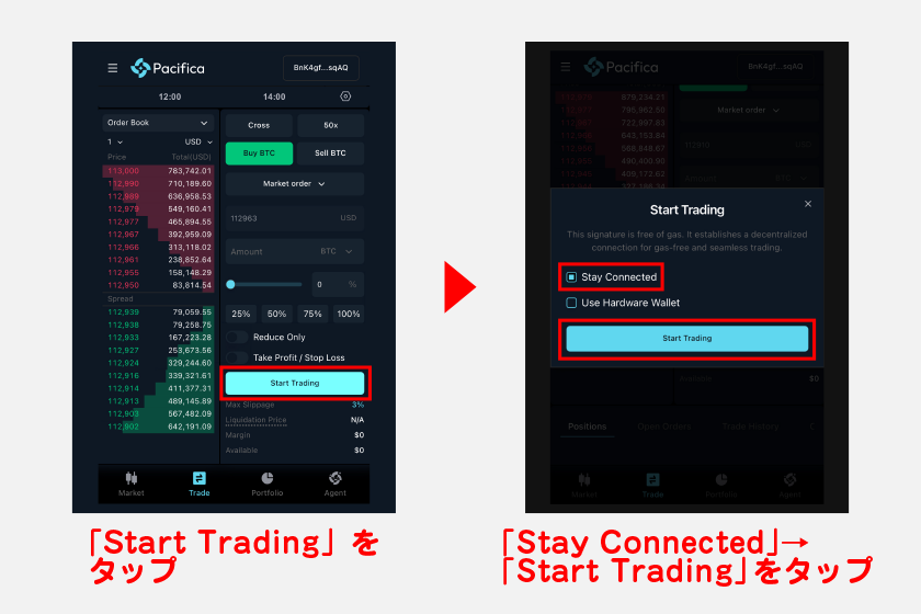 注文画面上に表示された「Start Trading」をタップします。その後、「Stay Connected」にチェックを入れ、「Start Trading」を再度タップします。これでウォレット連携完了です。