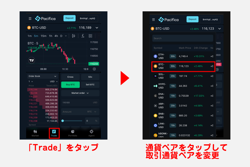 デリバティブ取引を進める際は、画面下メニューの「Trade」をタップ。画面上部の通貨ペアをタップすれば、取引通貨ペアを変更できます。ここではBTC-USDのまま取引を進めます。