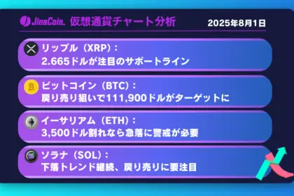 リップル、3ドル割れが現実味──売り優勢で下落トレンド加速か【仮想通貨チャート分析】BTC、ETH、XRP、SOL　2025年8月1日