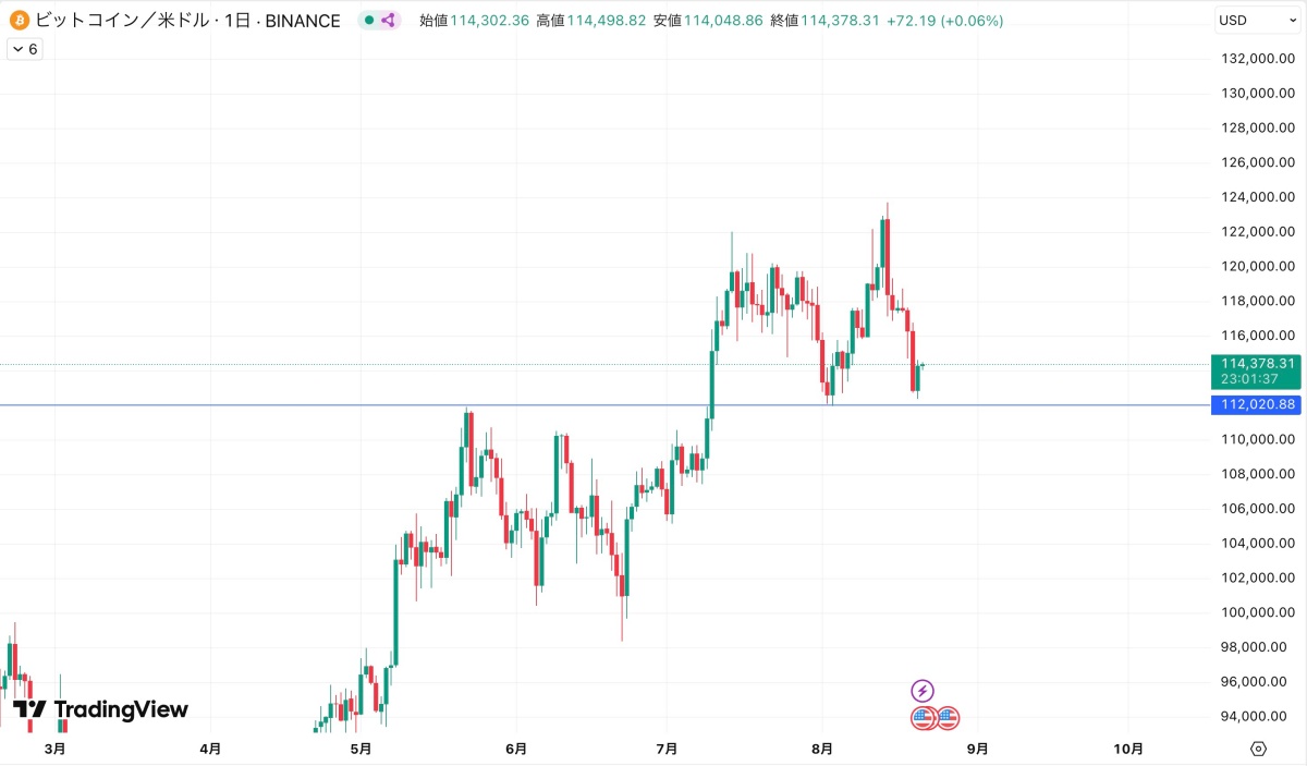 「ビットコイン/米ドルの価格チャート(日足・BINANCE)。2025年8月21日時点で114,378ドル付近に反発。直近の下落からサポート水準112,020ドル付近で反発の動きが見られる。