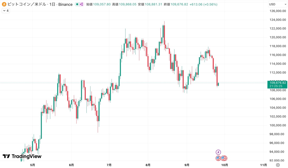 ビットコイン/米ドルの日足チャート(Binance)。約118,000ドルまで反発したものの、その後下落に転じ、現在は110,000ドルを割り込む水準で推移している様子が示されている。