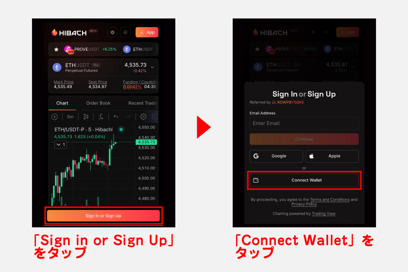 公式サイトにアクセス後、画面下の「Sign in or Sign Up」をタップ。その後、「Connect Wallet」をタップしてウォレット連携を進めます。