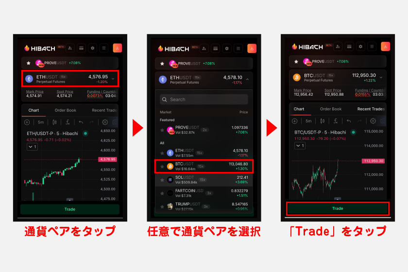実際に取引を進める際は、トレード画面上部の通貨ペアをタップ。取引可能な通貨ペアが一覧表示されるので任意のものを選んでください。トレード画面に戻ったら、画面下の「Trade」をタップします。