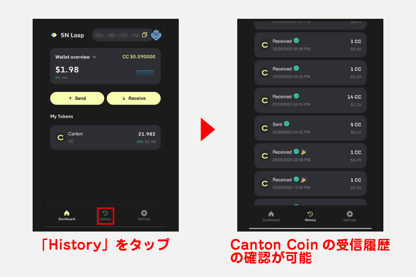 トランザクション処理が完了すると、ホーム画面の残高に受信したCanton Coinが反映されます。なお、メニューの「History」をタップすれば、Canton Coinの受信履歴の確認が可能です。