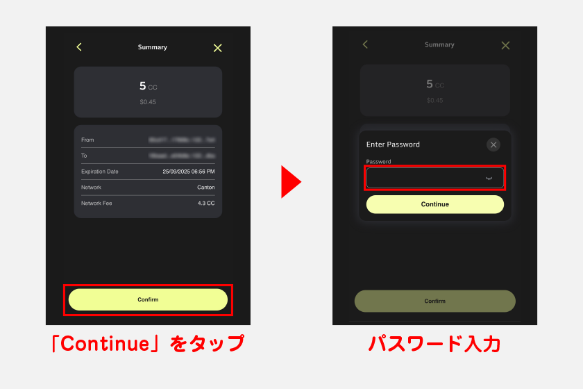 送信確認画面が表示されるので、「Continue」をタップします。最後に、パスワード入力を済ませれば送信完了です。なお、受信時と同様、送金履歴はメニューの「History」をタップすることで確認できます。