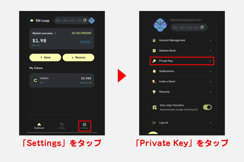 ウォレット登録時点で秘密鍵の記録し忘れた際は、設定画面から再度秘密鍵を確認してください。まずはホーム画面から「Settings」をタップ。その後、表示メニューから「Private Key」をタップします。