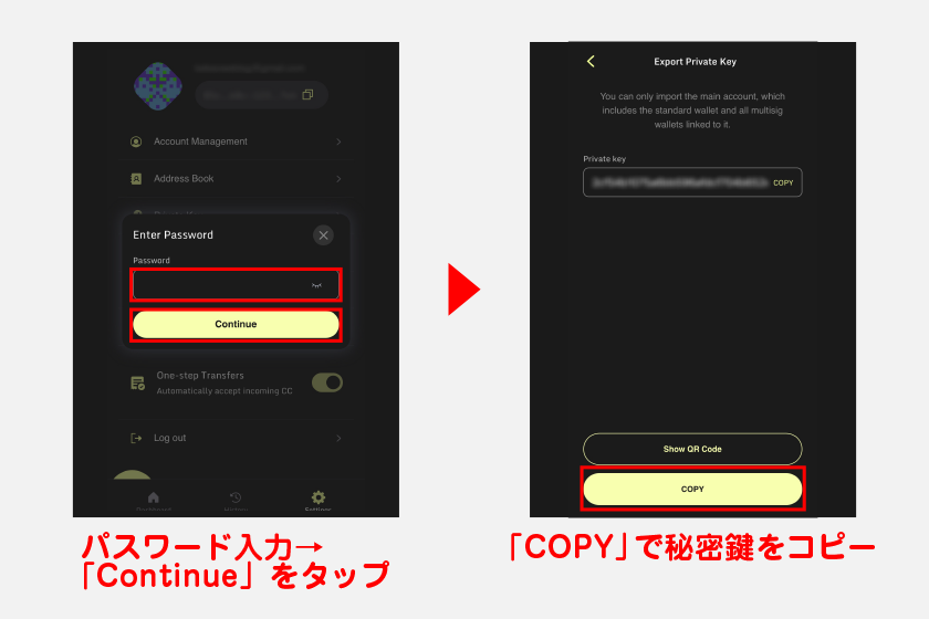パスワード入力を求められるので、入力後に「Continue」をタップ。その後、ウォレットの秘密鍵が表示されます。「COPY」をタップすれば秘密鍵のコピーできるので、メモアプリ等に貼り付けた後、紙に書き写して管理しておくようにしてください。