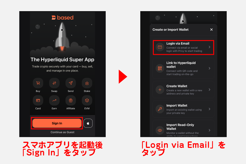 ダウンロードしたスマホアプリを起動後、「Sign In」をタップ。その後、ログイン方法一覧から「Login via Email」をタップしてください。