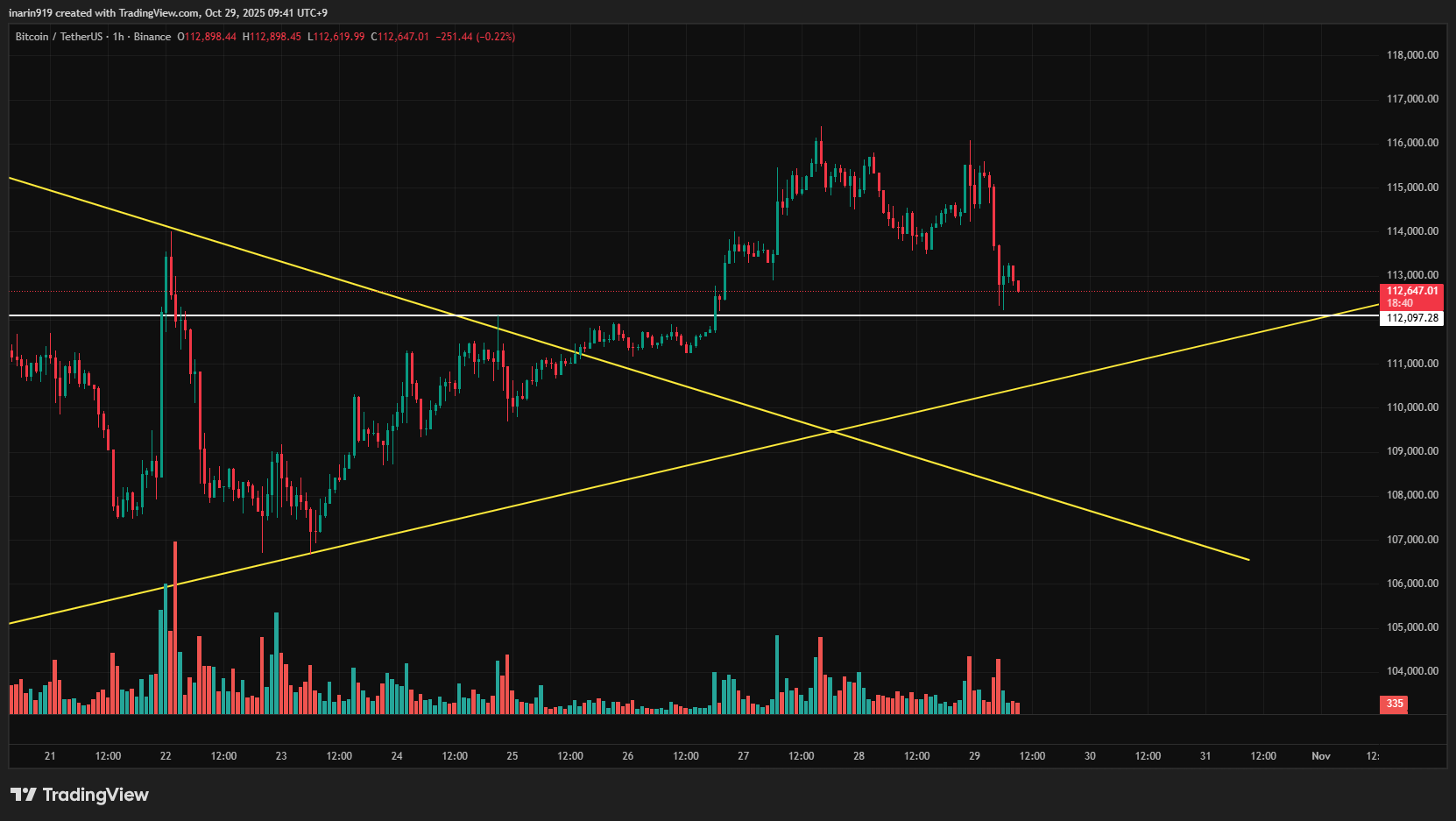 ビットコイン(BTC/USDT)の1時間足チャート。11万2,000ドル付近のサポートラインで下げ止まり、上昇トレンドライン上を維持している状況を示す。
