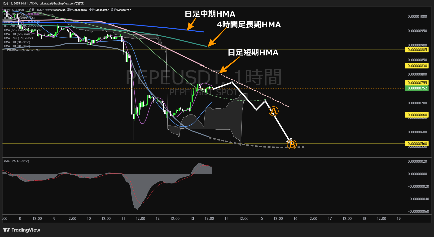 ぺぺコイン(PEPE)-1時間足チャート分析-2025年10月13日