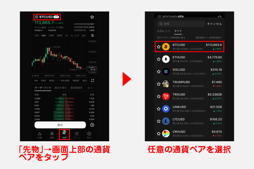 取引を進める際は、まずメニューの「先物」をタップ後、画面上部の通貨ペアをタップ。任意の通貨ペアを選択してください。ここではBTCUSDのまま手順を進めます。