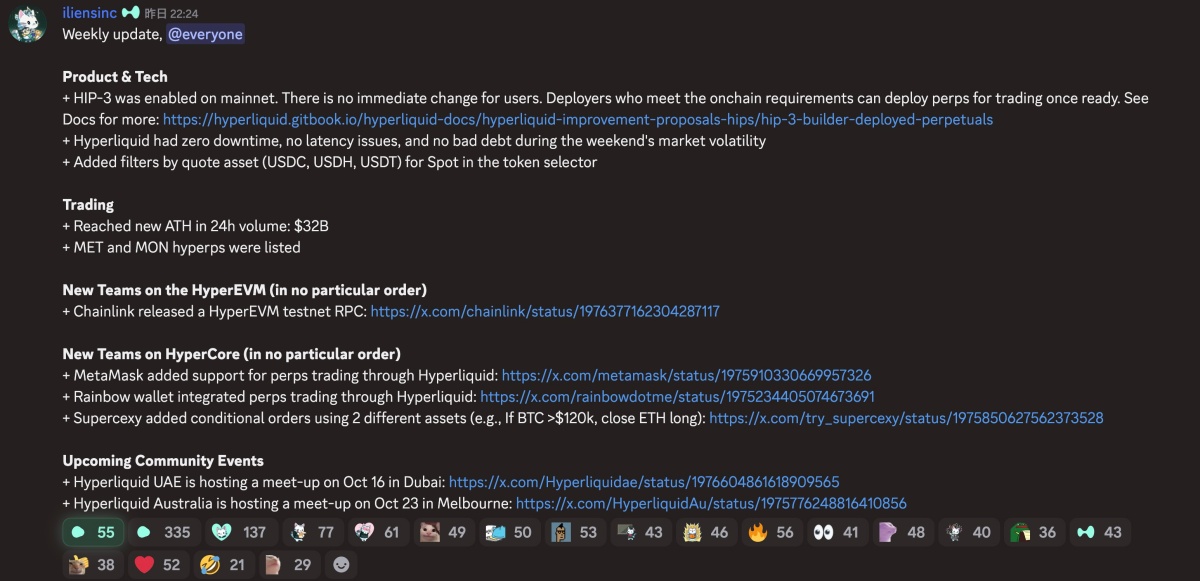 Hyperliquid公式Discordのウィークリーアップデート投稿。HIP-3のメインネット有効化や新銘柄MET・MON上場、ウォレット連携、コミュニティイベント予定などが報告されている。