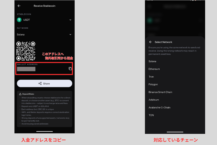 アドレスの確認と対応チェーン