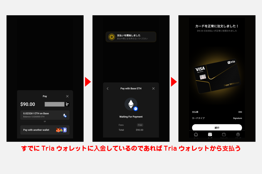 すでにTriaウォレットに入金しているのであれば、Triaウォレットから支払うとスムーズです。仮想通貨取引所(CEX)で仮想通貨を保有している場合も、Triaウォレットに送金してこの支払い方法を選びましょう。。