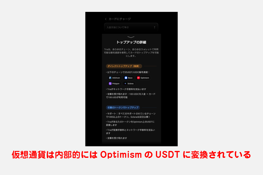 ちなみに、仮想通貨は内部的にはOptimismのUSDTに変換されています。変換する際のブリッジやガス代はTria側が受け持っているので、細かい計算や手間はありません。