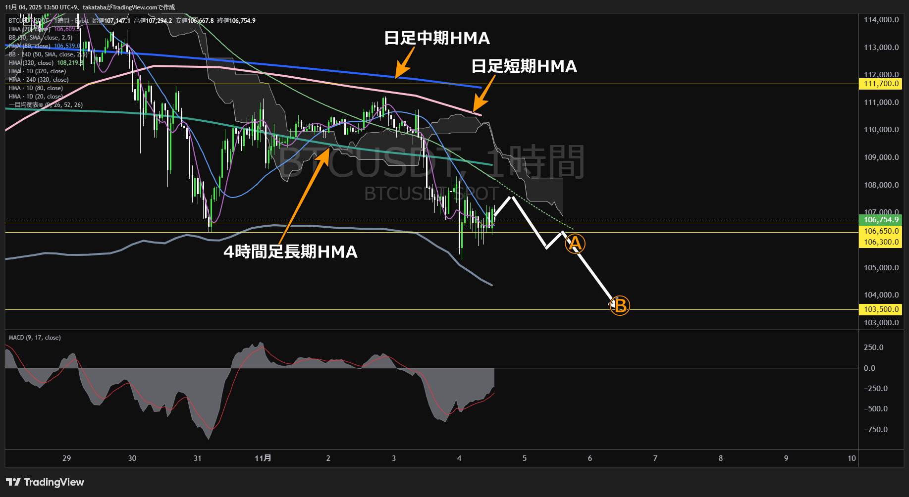 ビットコイン(BTC)-1時間足チャート分析-2025年11月4日
