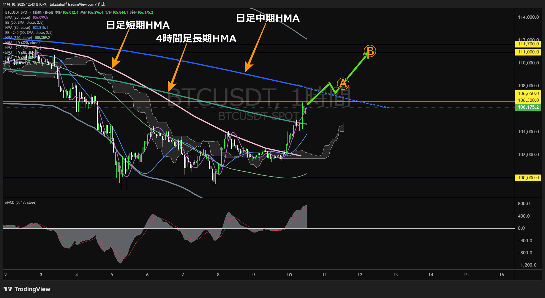ビットコイン（BTC）-1時間足チャート分析-2025年11月10日