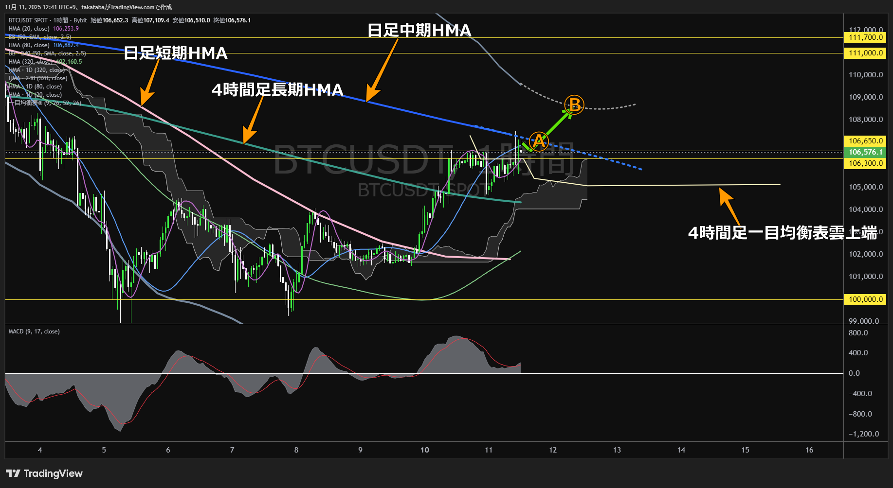 ビットコイン(BTC)-1時間足チャート分析-2025年11月11日