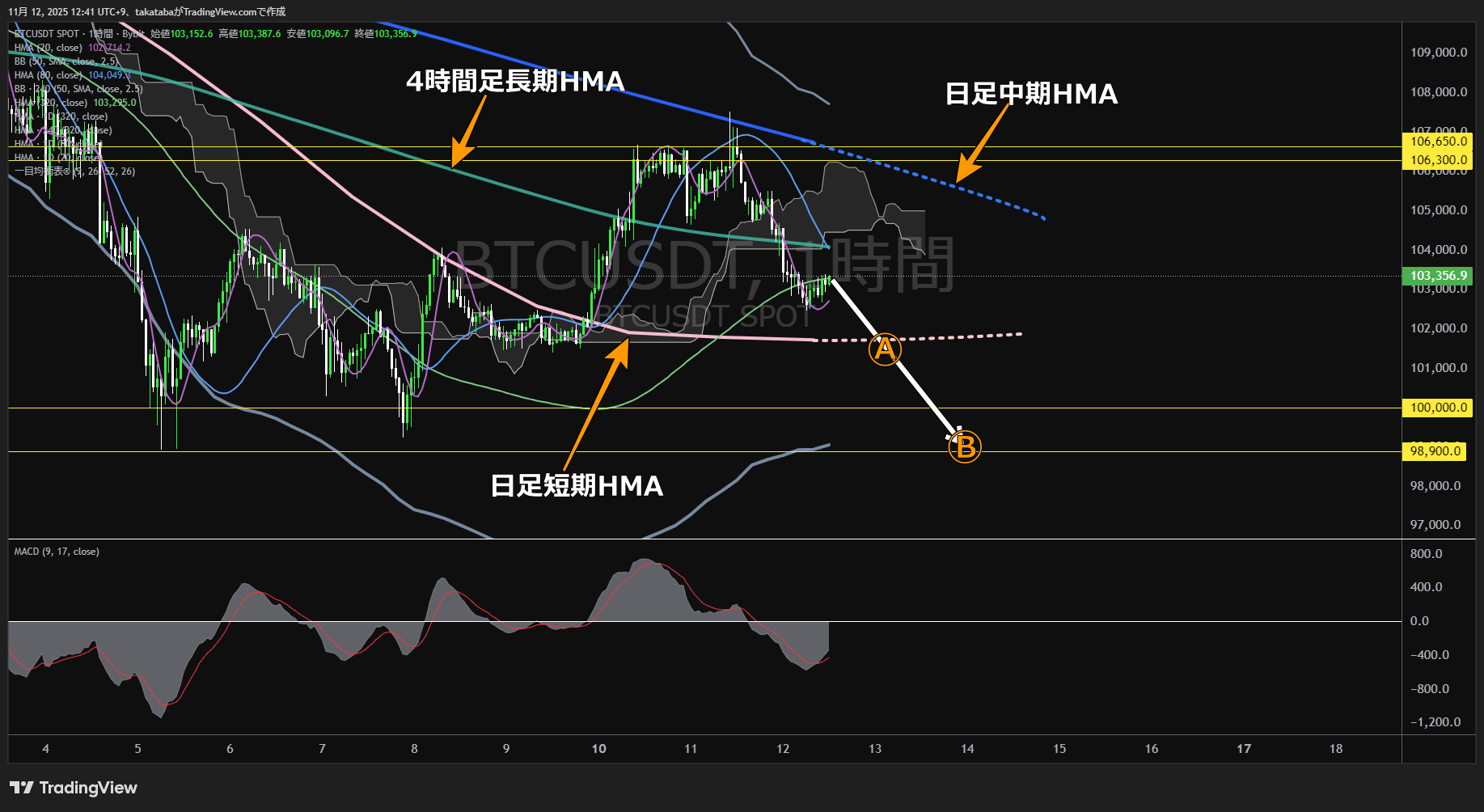 ビットコイン（BTC）-1時間足チャート分析-2025年11月12日