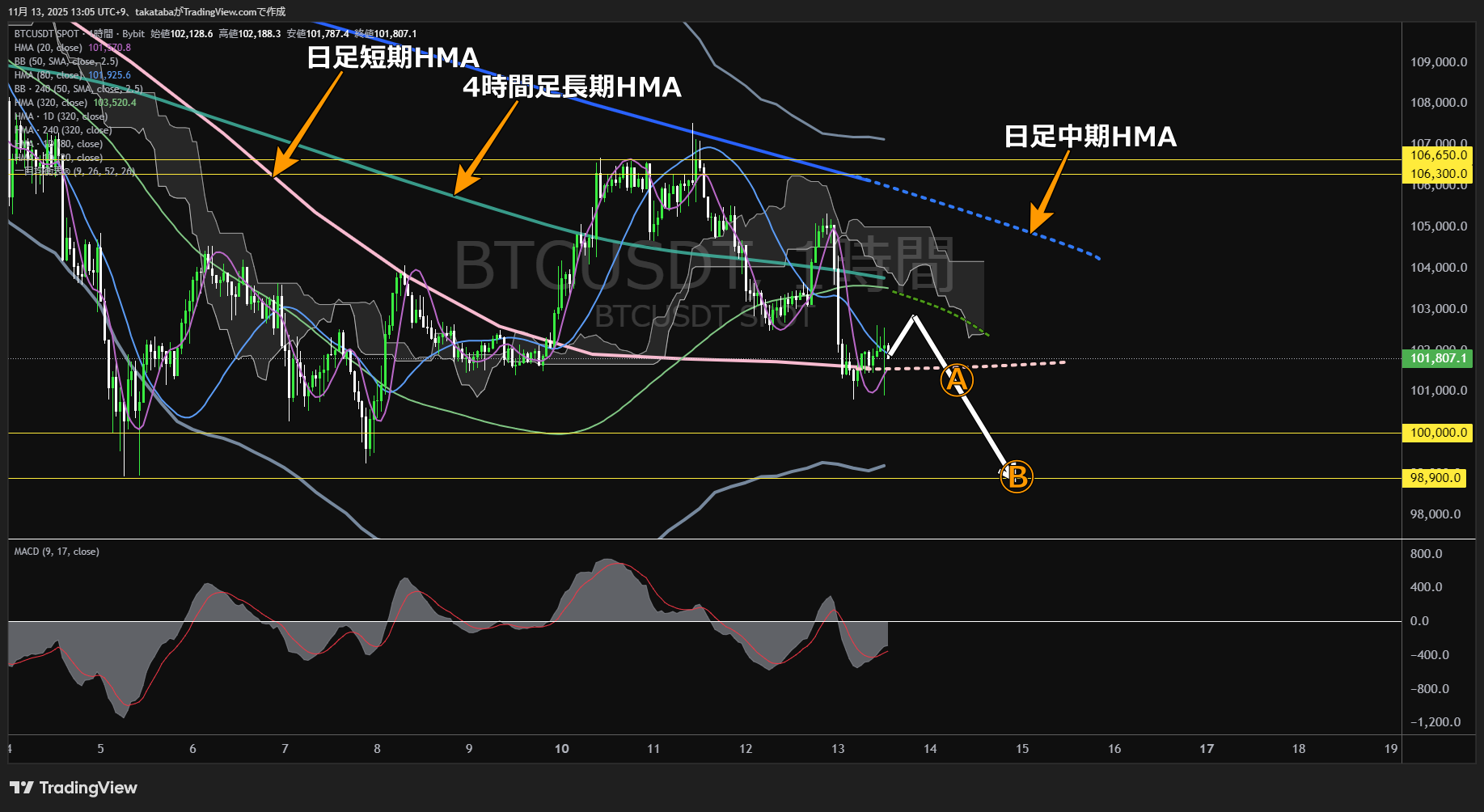 ビットコイン(BTC)-1時間足チャート分析-2025年11月13日