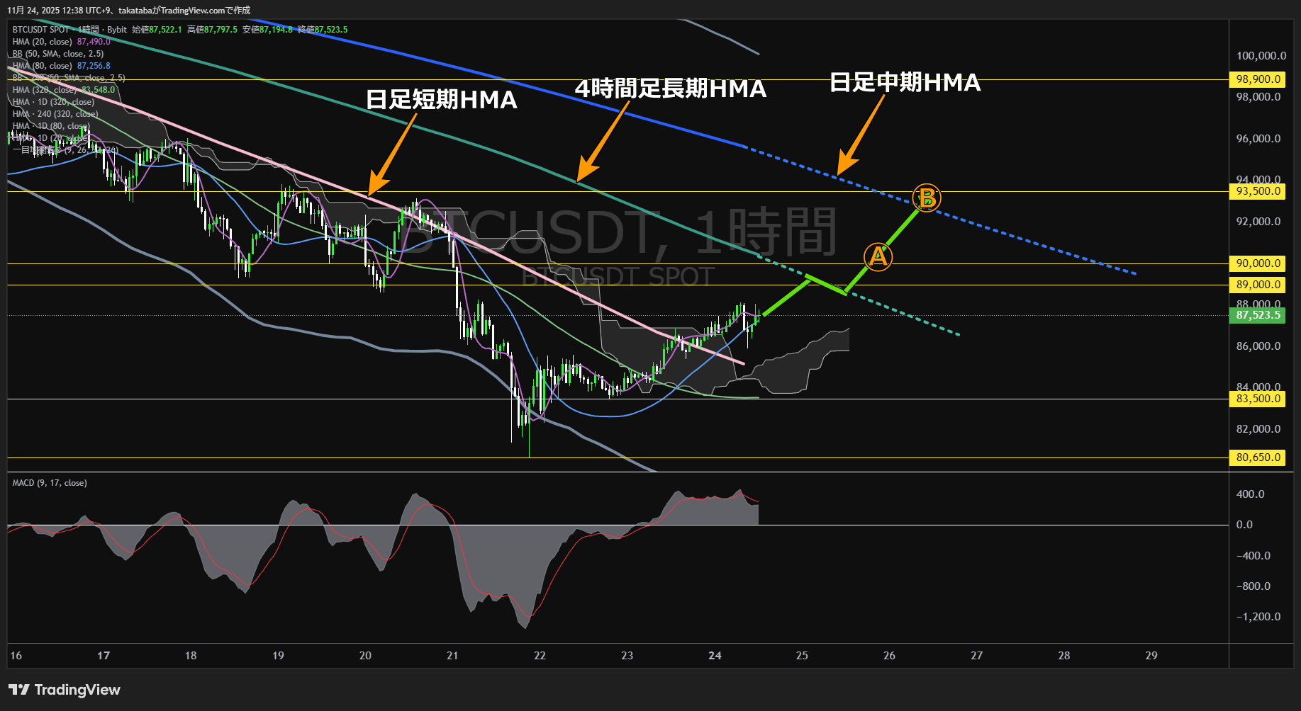 ビットコイン(BTC)-1時間足チャート分析-2025年11月24日