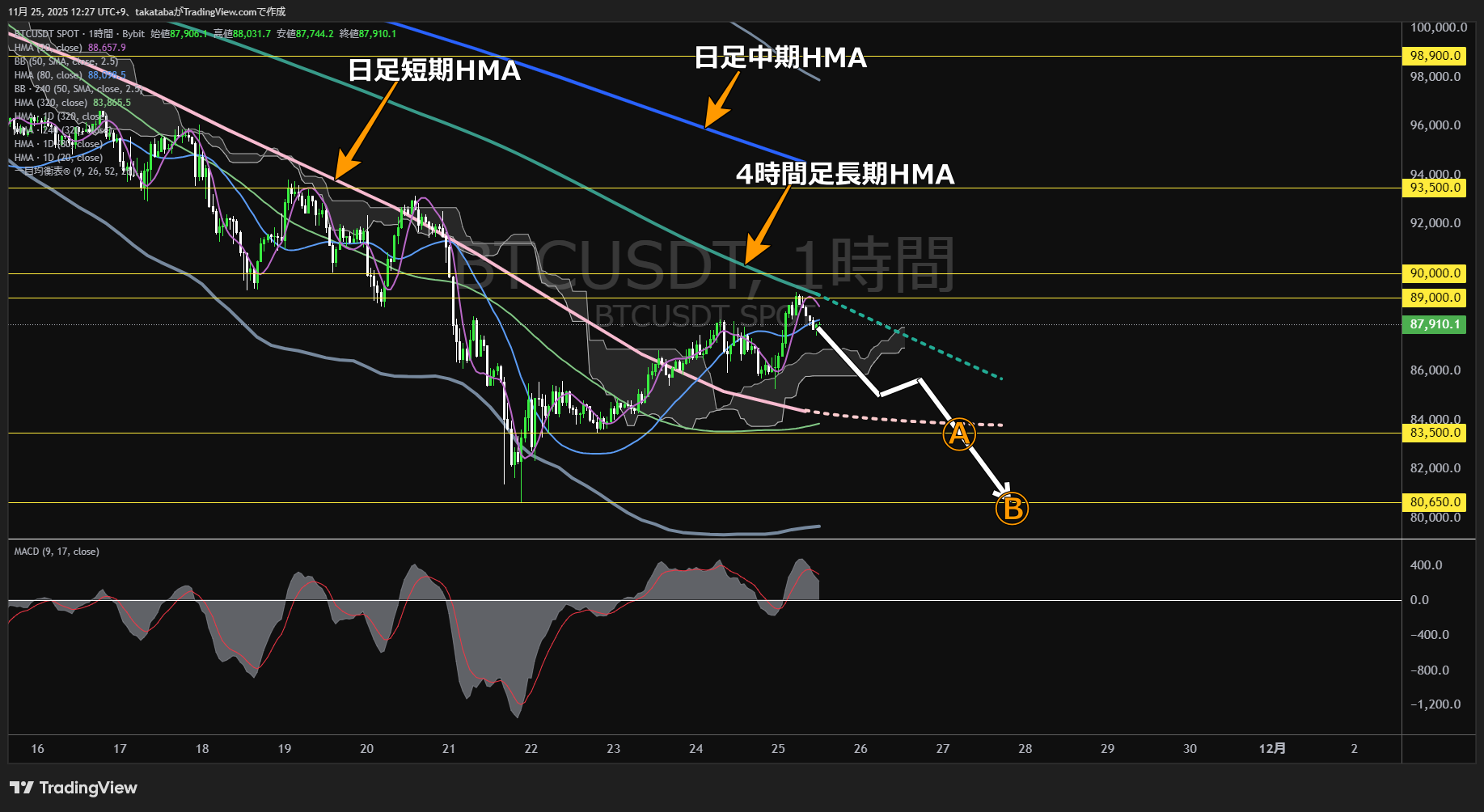 ビットコイン(BTC)-1時間足チャート分析-2025年11月25日