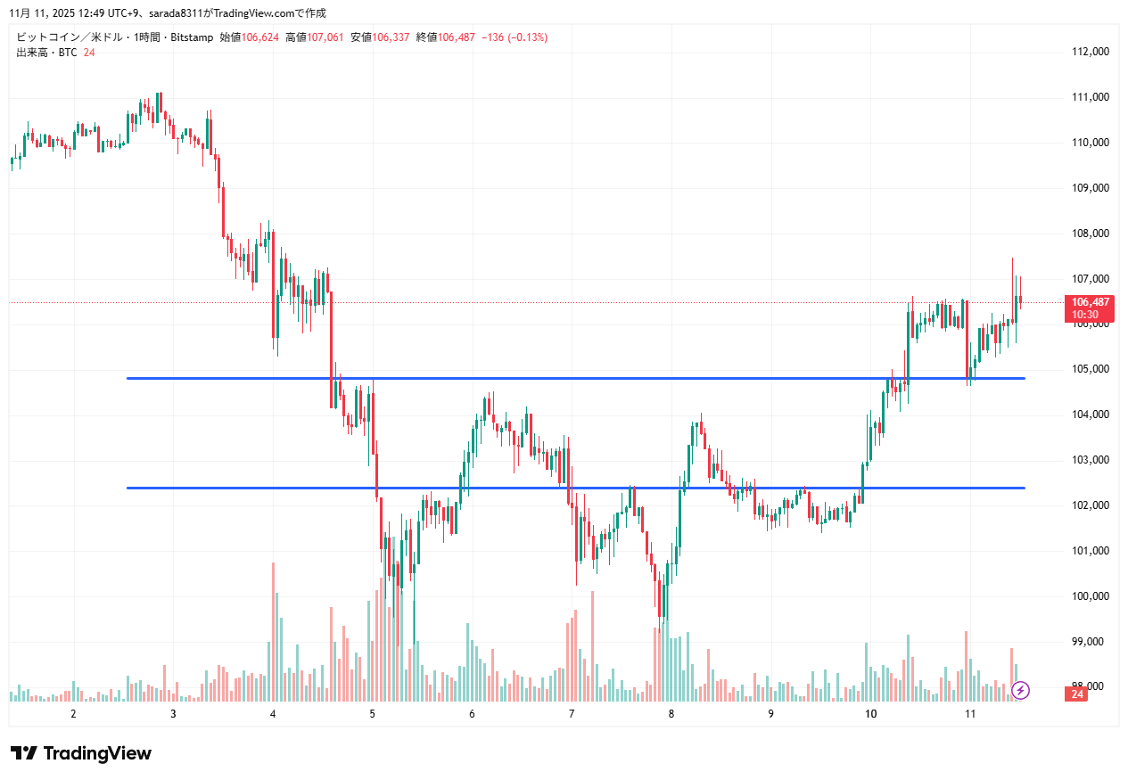 2025年11月11日のビットコイン（BTCUSD）の1時間足チャート