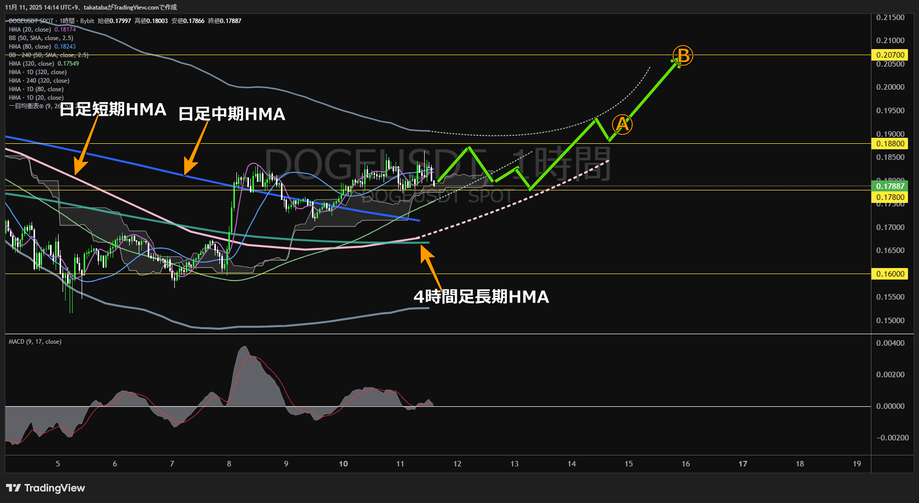 ドージコイン(DOGE)-1時間足チャート分析-2025年11月11日