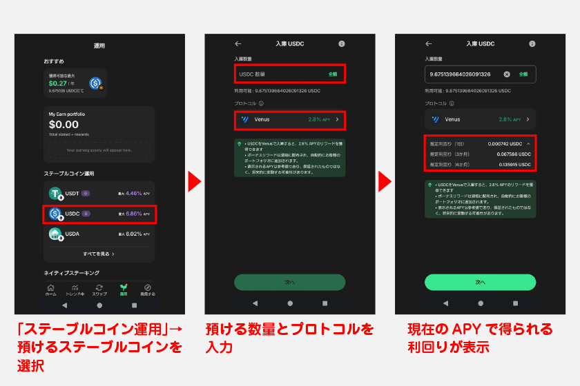 運用画面の「ステーブルコイン運用」から、預けるステーブルコインを選択してください。続けて、預ける数量とプロトコルを入力します。数量を入力すると、現在のAPYで得られる利回りが表示されます。