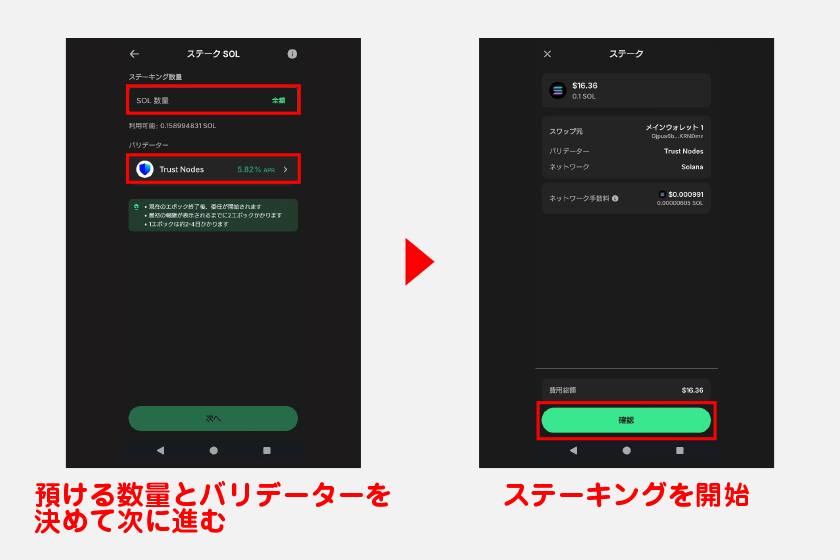 預ける数量とバリデーターを決めて次に進むことで、ステーキングを開始できます。一度ステーキングを開始するとロック期間が終わるまで資金を取り出せないので要注意です。