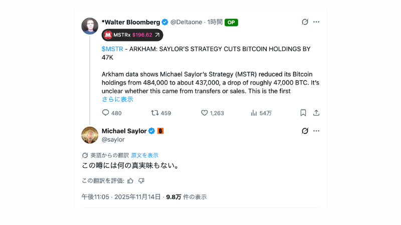 ストラテジーのBTC売却疑惑、セイラー氏が否定──「全くのデマだ」と明言