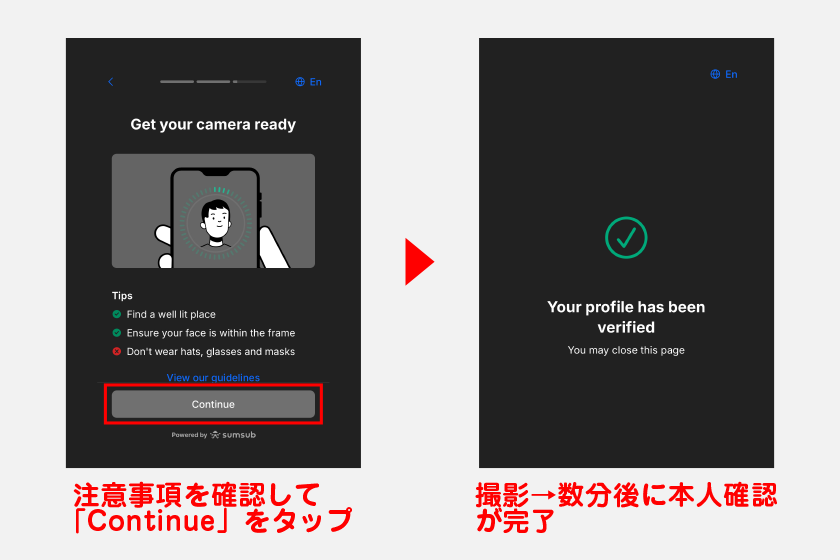 次に、セルフィー証明（顔写真の撮影）に移ります。注意事項を確認して「Continue」をタップ後、指示通りに撮影を進めます。撮影が終えると自動で審査が行われ、数分後に本人確認が完了します。