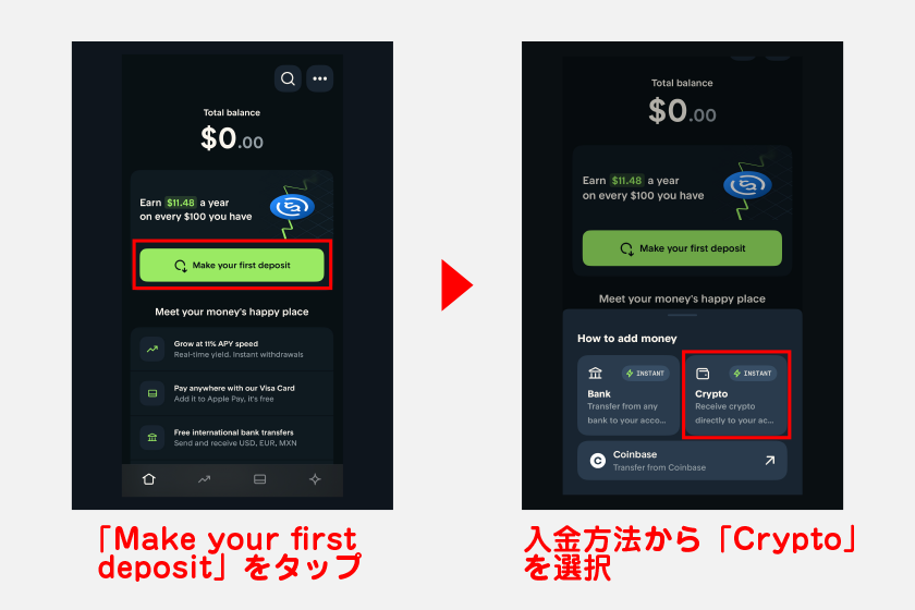 ここでは、最も手軽な外部ウォレット経由でUSDCを入金する方法を解説します。まずは、ホーム画面から「Make your first deposit」をタップ。入金方法から「Crypto」を選択してください。