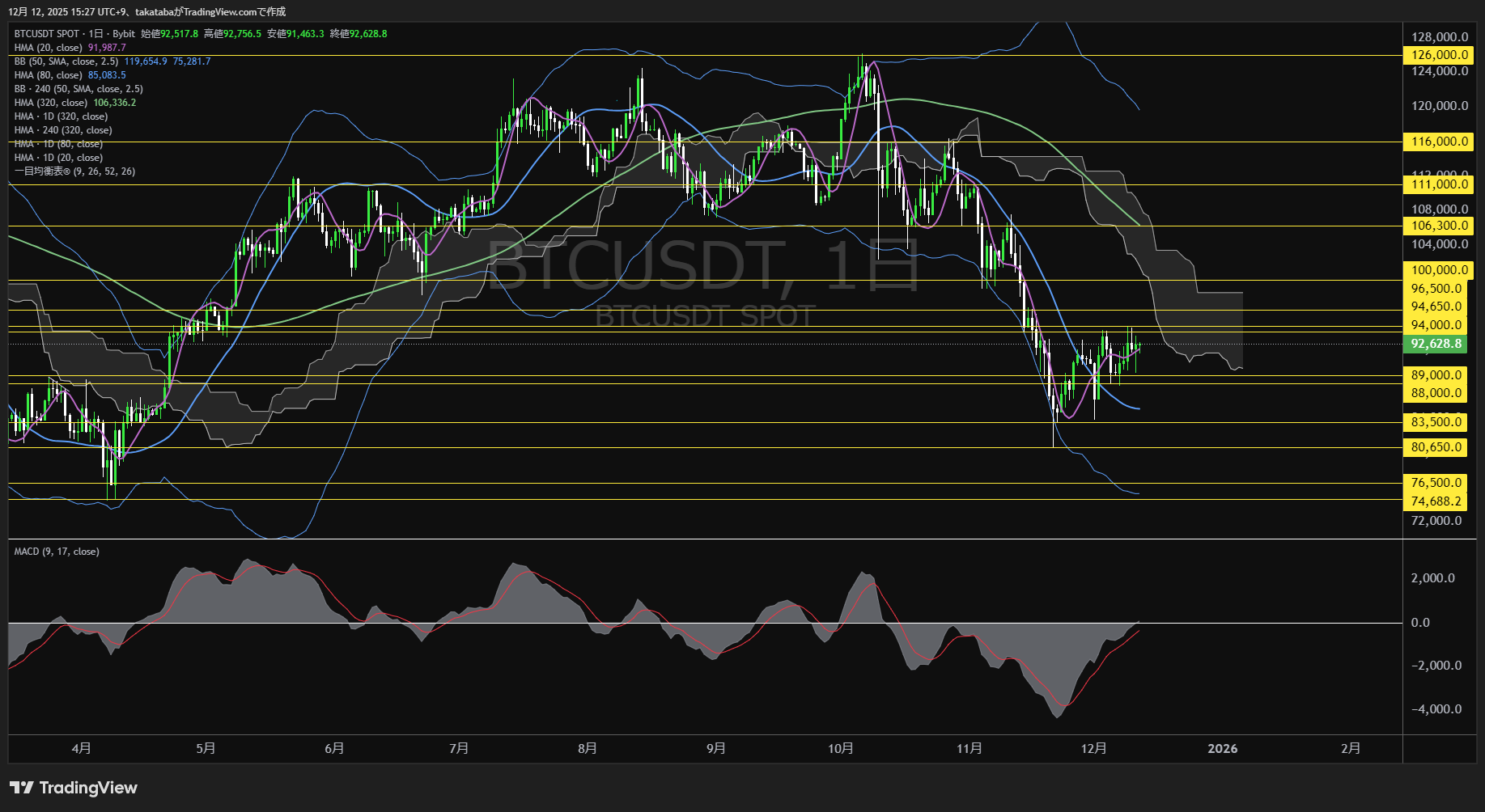 ビットコイン(BTC)-日足チャート分析-2025年12月12日
