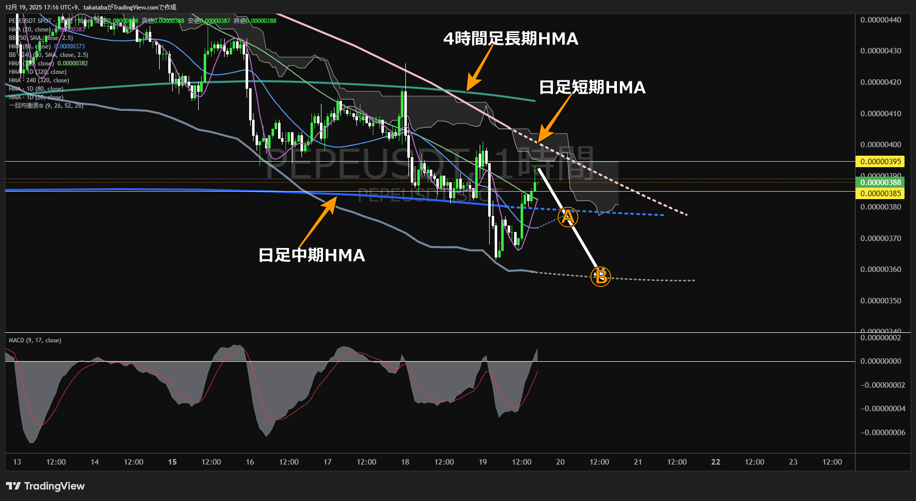 ペペコイン(PEPE)-1時間足チャート分析-2025年12月19日
