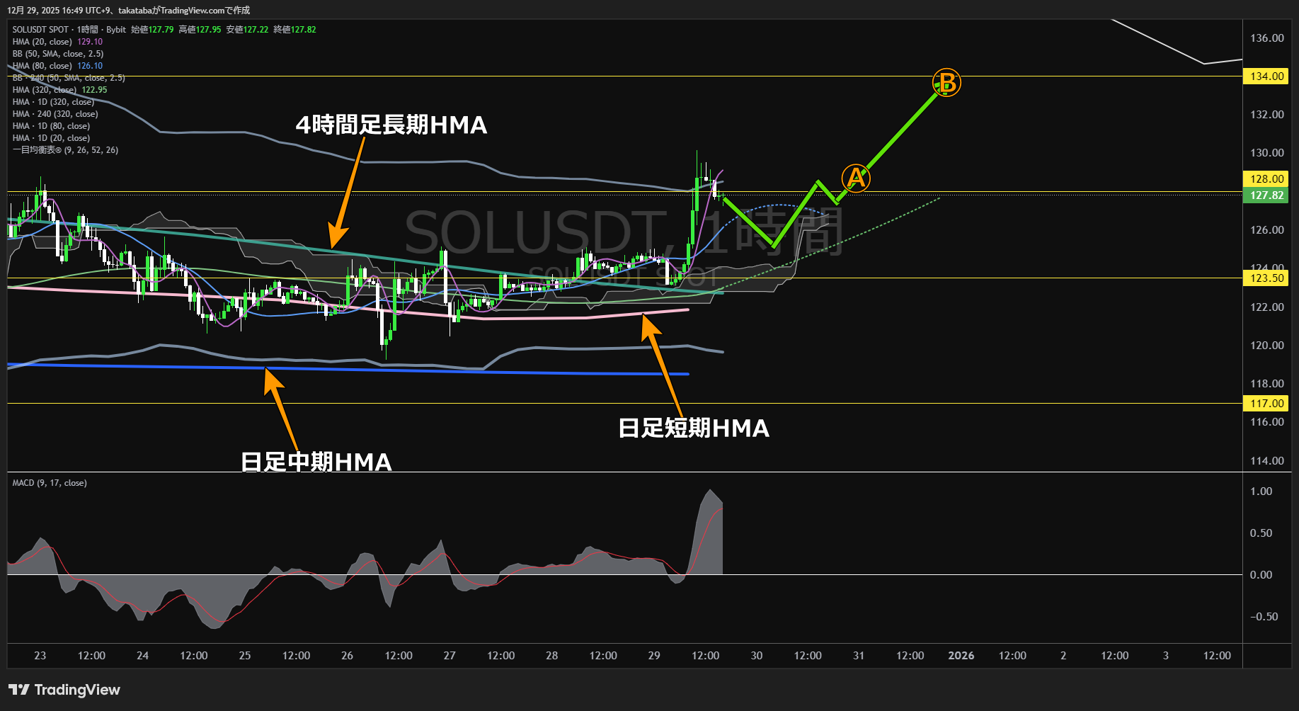 ソラナ(SOL)-1時間足チャート分析-2025年12月29日