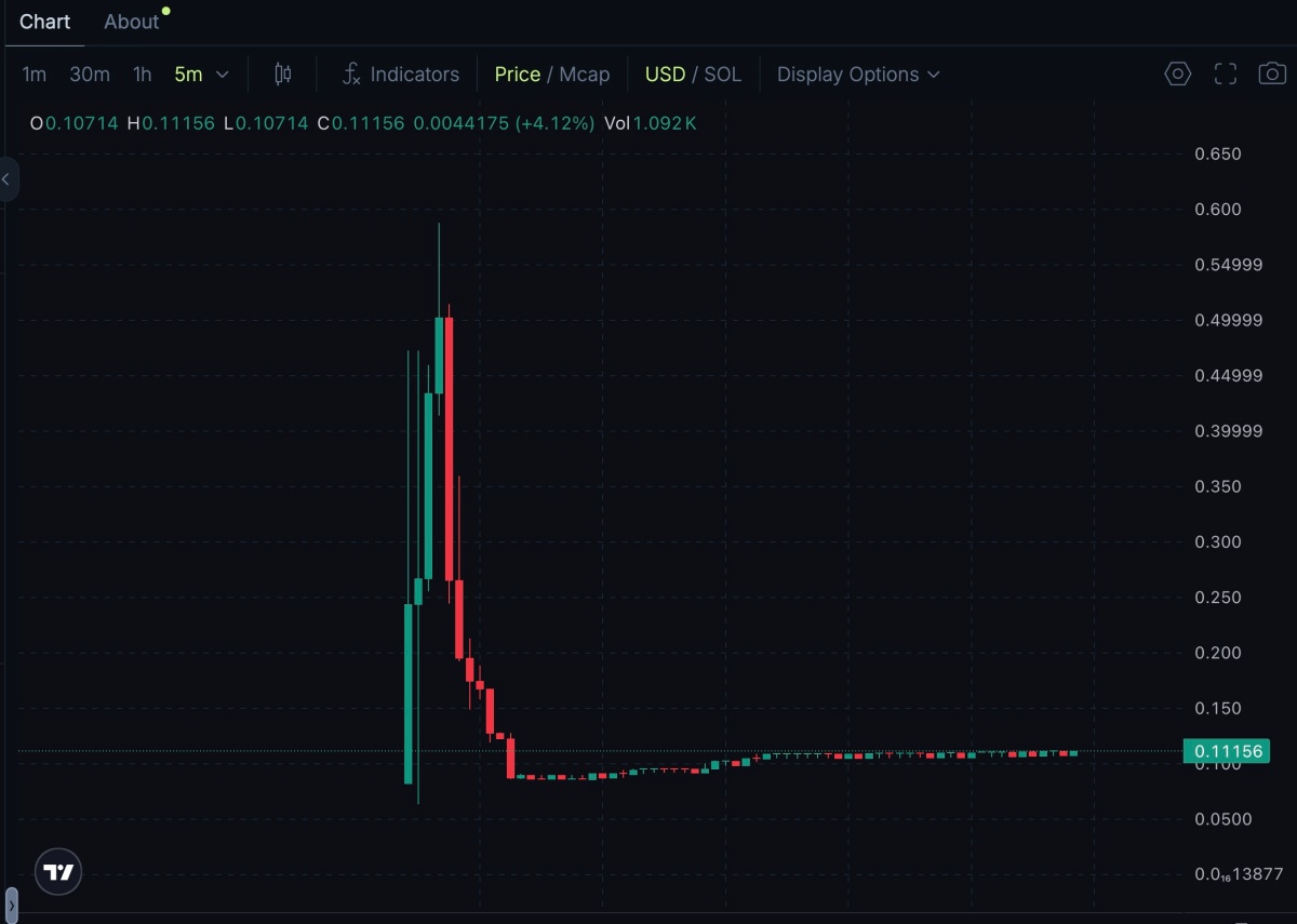 NYCトークンの価格チャート（5分足）。急騰後に急落し、現在は0.11ドル付近で推移している様子を示す。