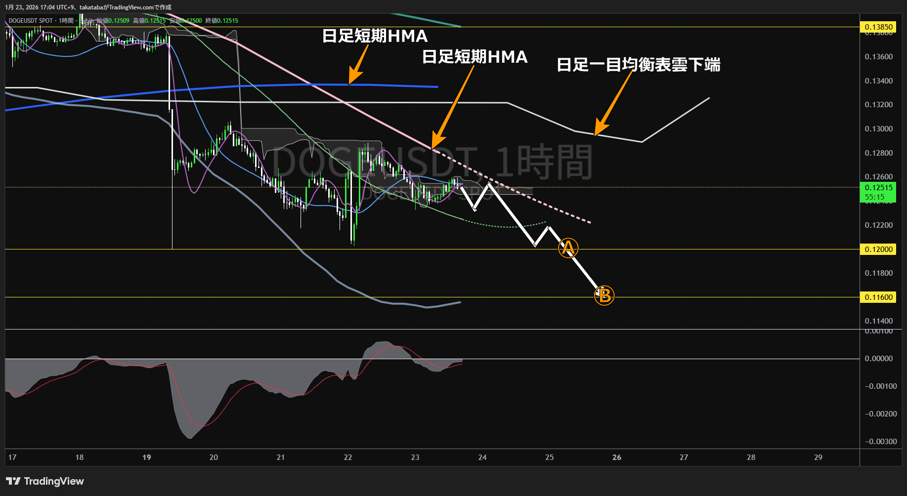 ドージコイン1時間足チャート-2026年1月23日