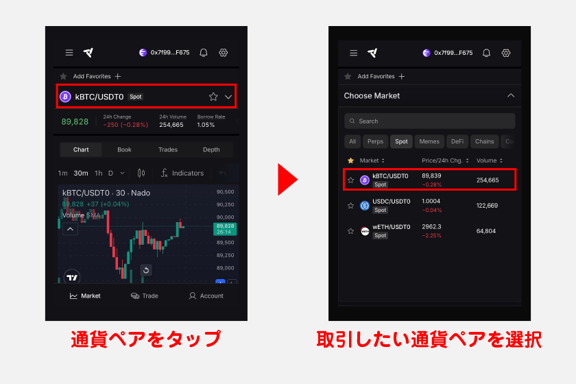 その後、画面上の通貨ペアをタップし、取引したい通貨ペアを選択してください。ここでは、kBTCを例にスポット取引の流れを解説していきます。