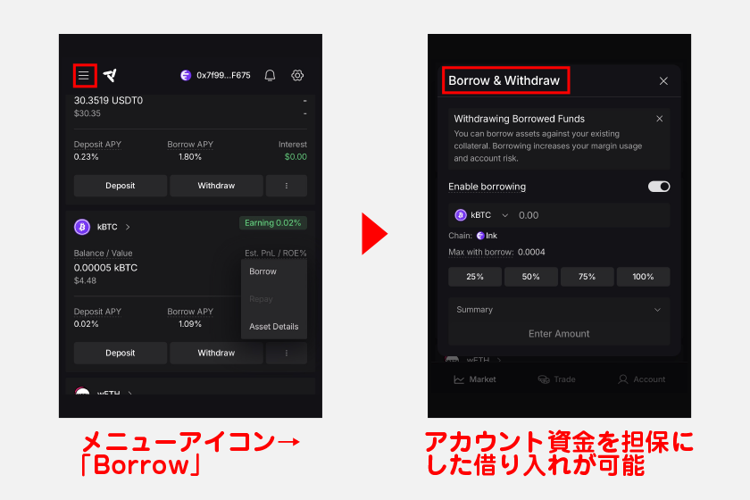 メニューアイコンの「Borrow」からは、アカウント資金を担保にした借り入れが可能です。ただし、借入上限額は自身の担保額に応じて設定される点に注意してください。