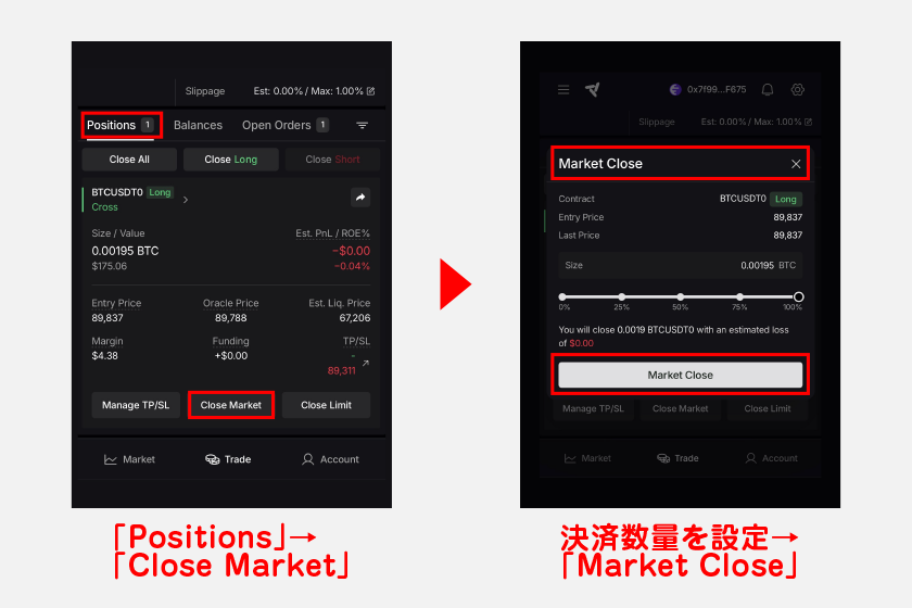 注文画面下の「Positions」に表示された「Close Market」をタップ。決済数量を設定後、「Market Close」をタップして決済完了です。