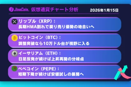 雲上抜け失敗で短期地合い悪化──長期HMA割れが下落転換のサインに【仮想通貨チャート分析】XRP、BTC、ETH、PEPE　2026年1月15日