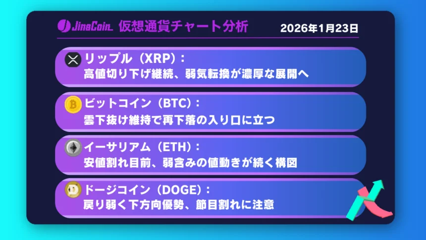 リップル、雲下抜けで地合い悪化──1.8ドル台を試す流れか【仮想通貨チャート分析】XRP、BTC、ETH、DOGE　2026年1月23日
