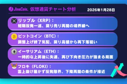 リップル、戻り圧力強まる局面──1.77ドルまでの下値余地を注視【仮想通貨チャート分析】XRP、BTC、ETH、FLOKI　2026年1月28日