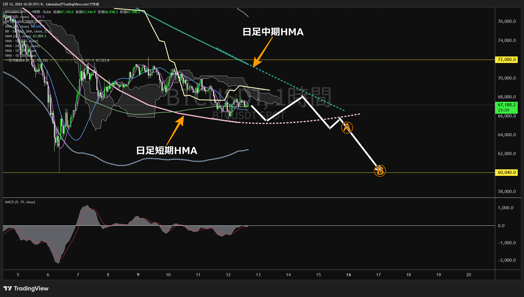 ビットコイン1時間足チャート-2026年2月12日