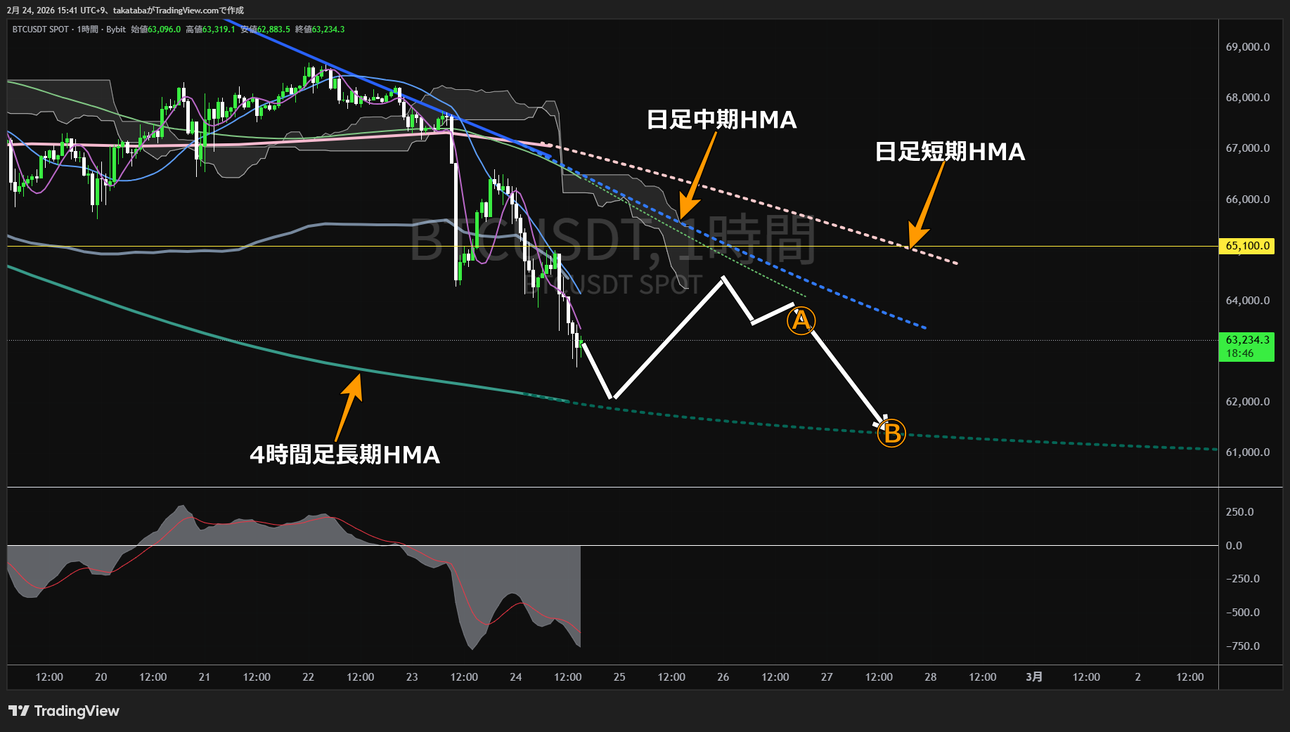 ビットコイン1時間足チャート-2026年2月24日