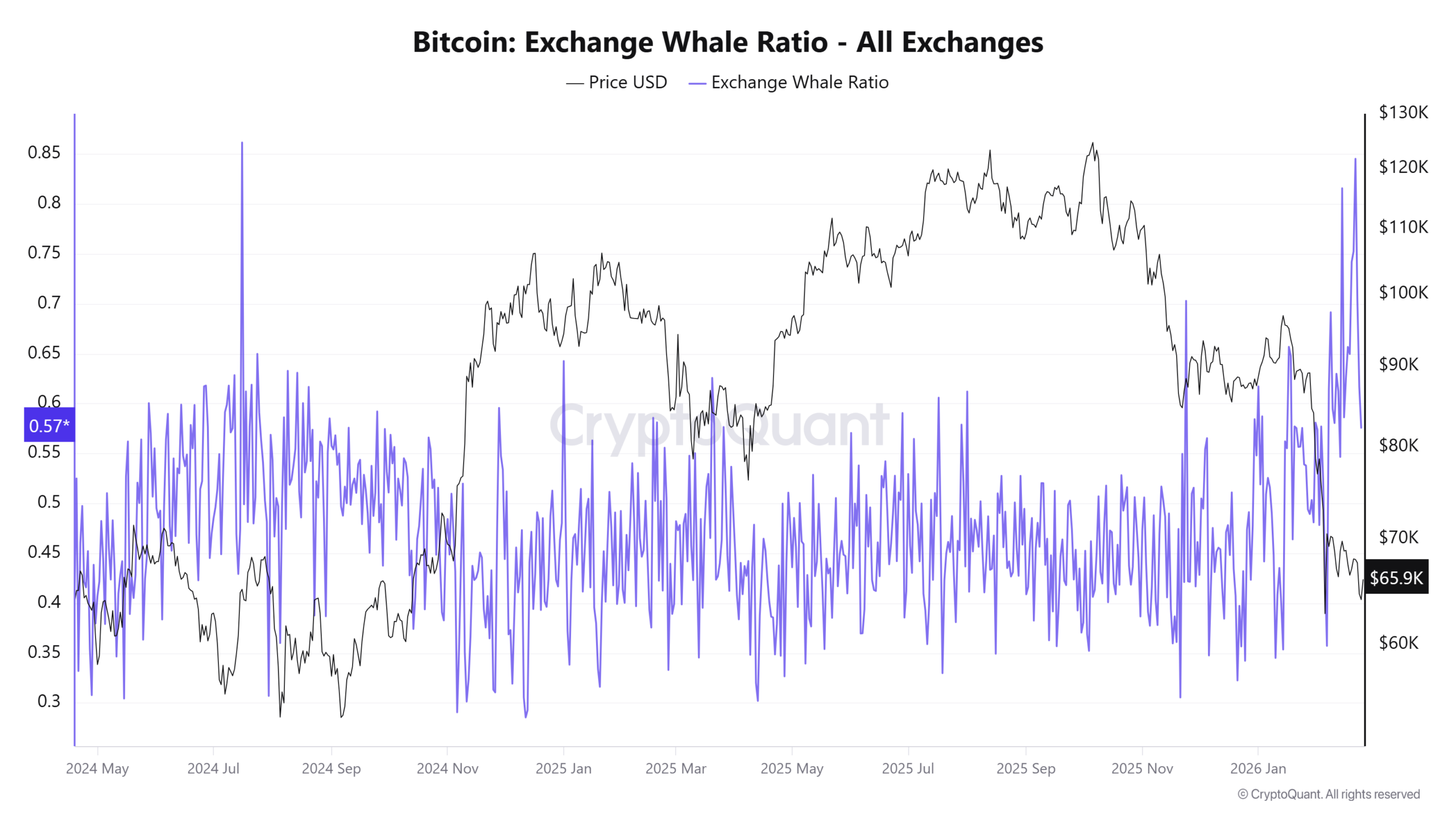 Exchange Whale Ratio - クジラの大規模な買いが継続