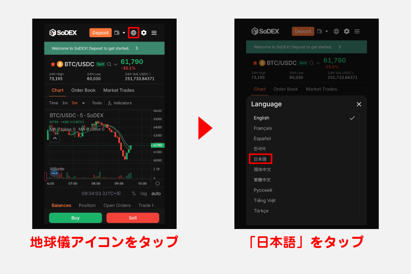 ウォレット連携後は、日本語表記の設定を進めます。画面上の地球儀アイコンをタップ。表示言語一覧から「日本語」をタップすればSoDEXが日本語表記に切り替わります。