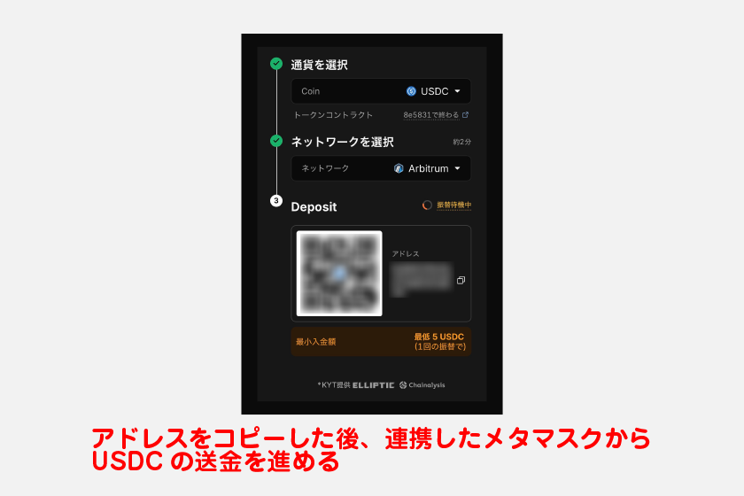 SoDEX用の入金アドレスが表示されます。このアドレスをコピーした後は、連携したメタマスクからUSDCの送金を進めるのみです。
