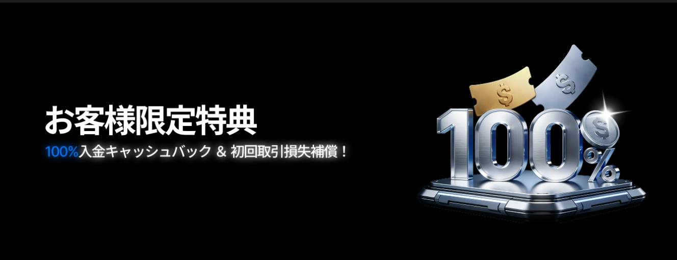 【新規ユーザー限定】100％入金キャッシュバック＆初回損失補償